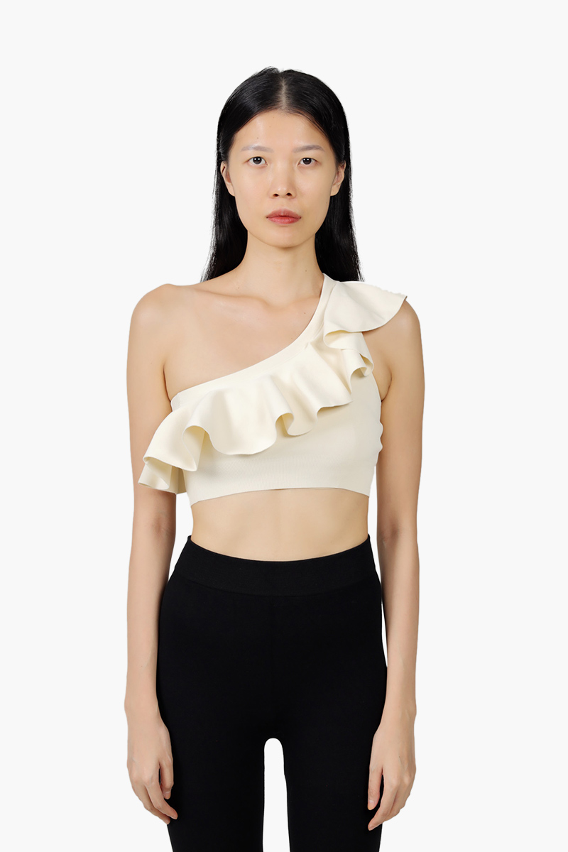 CELINE Women One-Shoulder Embroidered Crop Top in Off White Underpinning Viscose 0