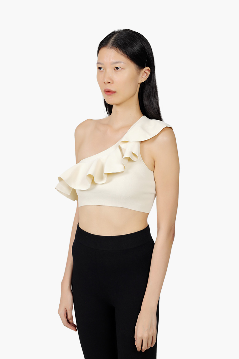 CELINE Women One-Shoulder Embroidered Crop Top in Off White Underpinning Viscose 2