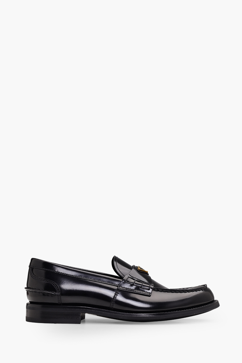 PRADA Men Moccasins Loafers in Black Leather with Enamelled Metal Triangle Logo 0
