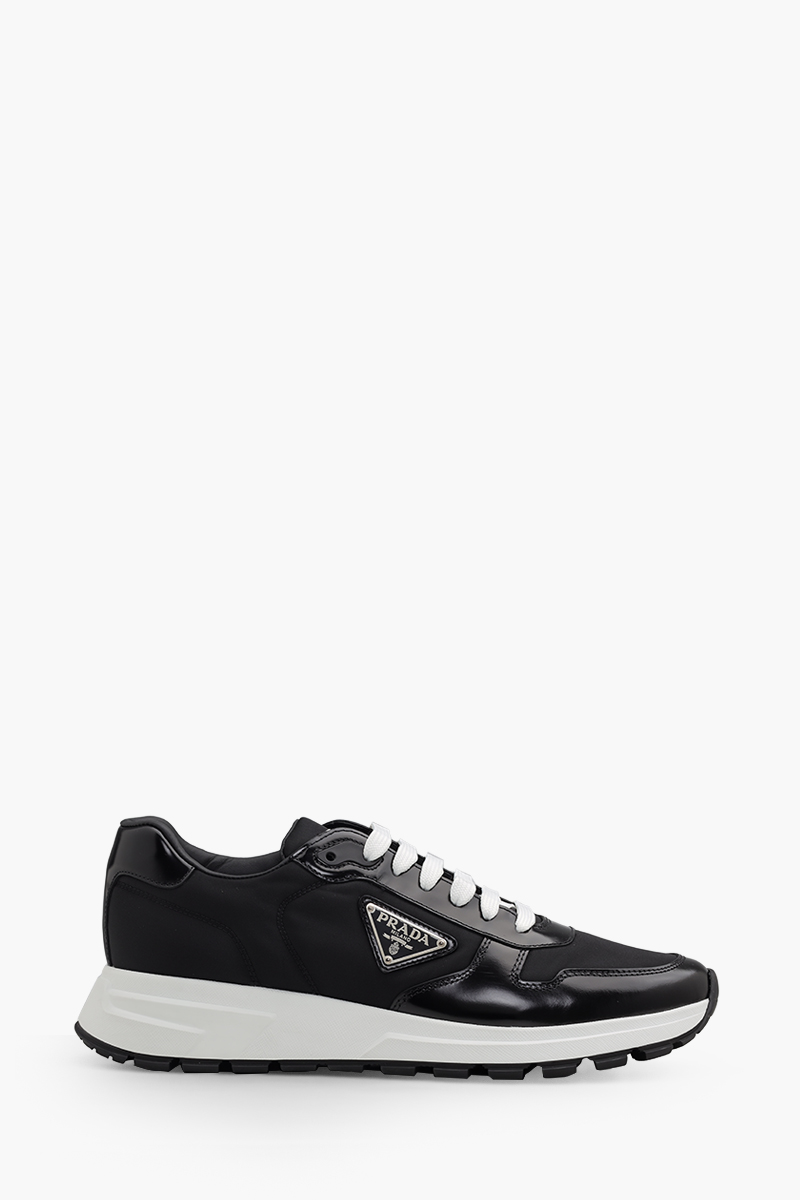 PRADA Men Triangle Logo Sneakers in Black/White Re-Nylon and Brushed Leather 0