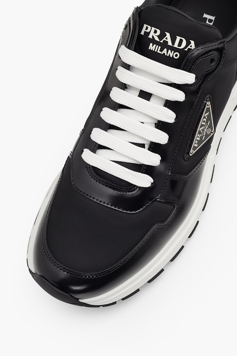 PRADA Men Triangle Logo Sneakers in Black/White Re-Nylon and Brushed Leather 4