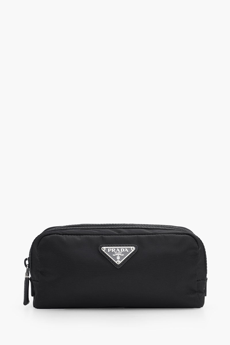 PRADA Triangle Logo Cosmetic Necessaire in Black Re-Nylon and Saffiano Leather 0