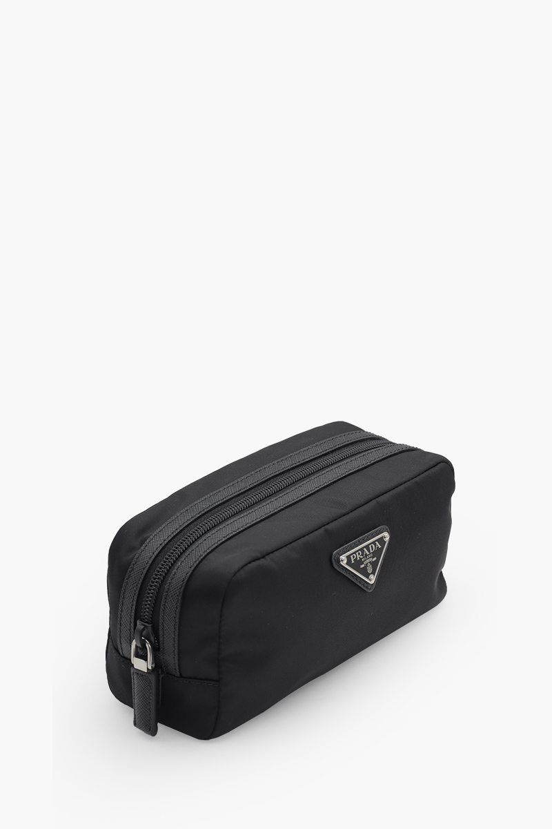 PRADA Triangle Logo Cosmetic Necessaire in Black Re-Nylon and Saffiano Leather 2