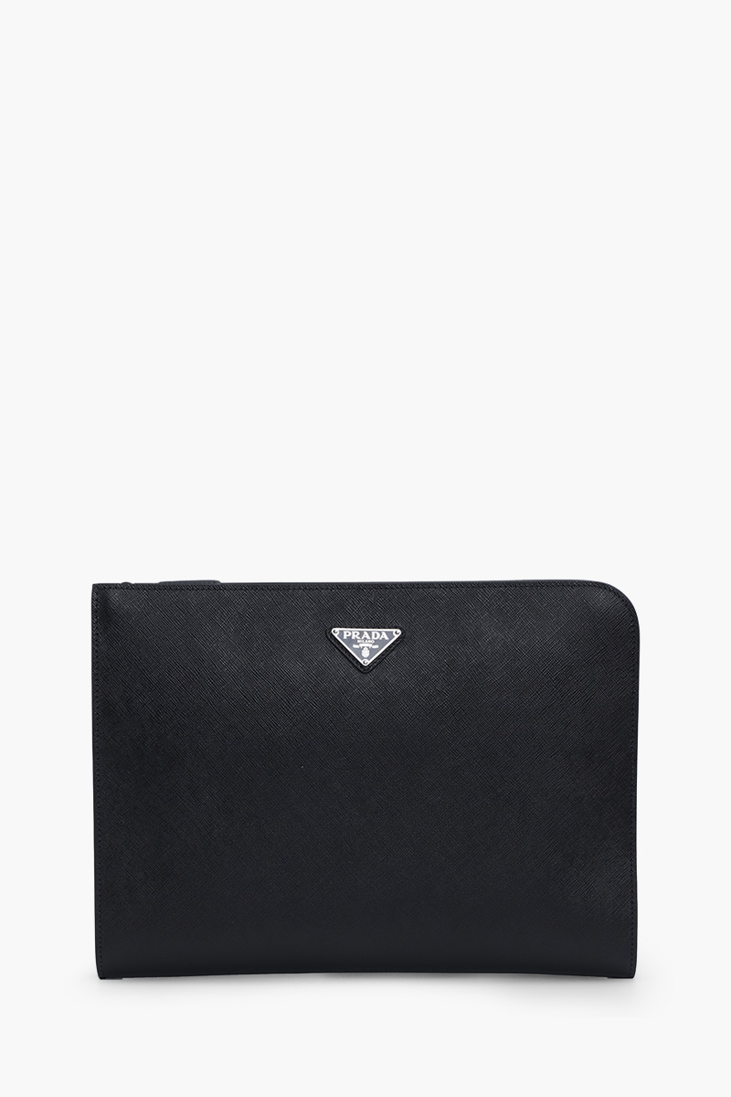 PRADA Triangle Logo Zipper Briefcase in Black Saffiano Leather 0