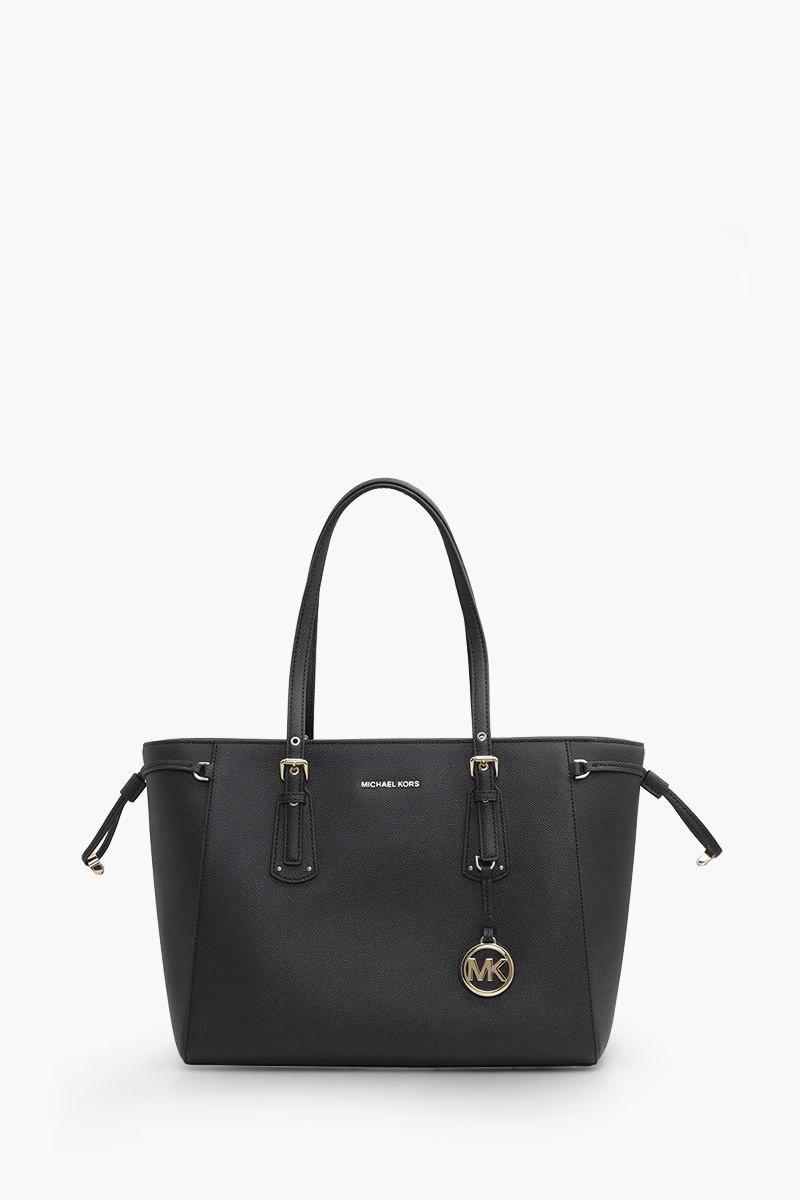 MICHAEL KORS Medium Voyager Tote Bag in Black Crossgrain Leather GHW 0