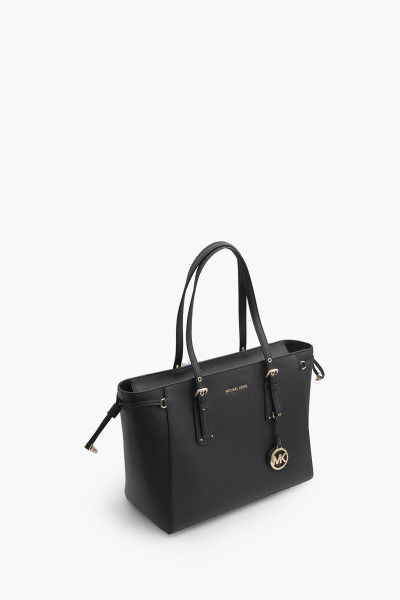 MICHAEL KORS Medium Voyager Tote Bag in Black Crossgrain Leather GHW 2