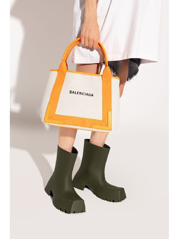 BALENCIAGA Small Navy Cabas Handbag in Natural/Orange Canvas x Calfskin with Logo Printed 2
