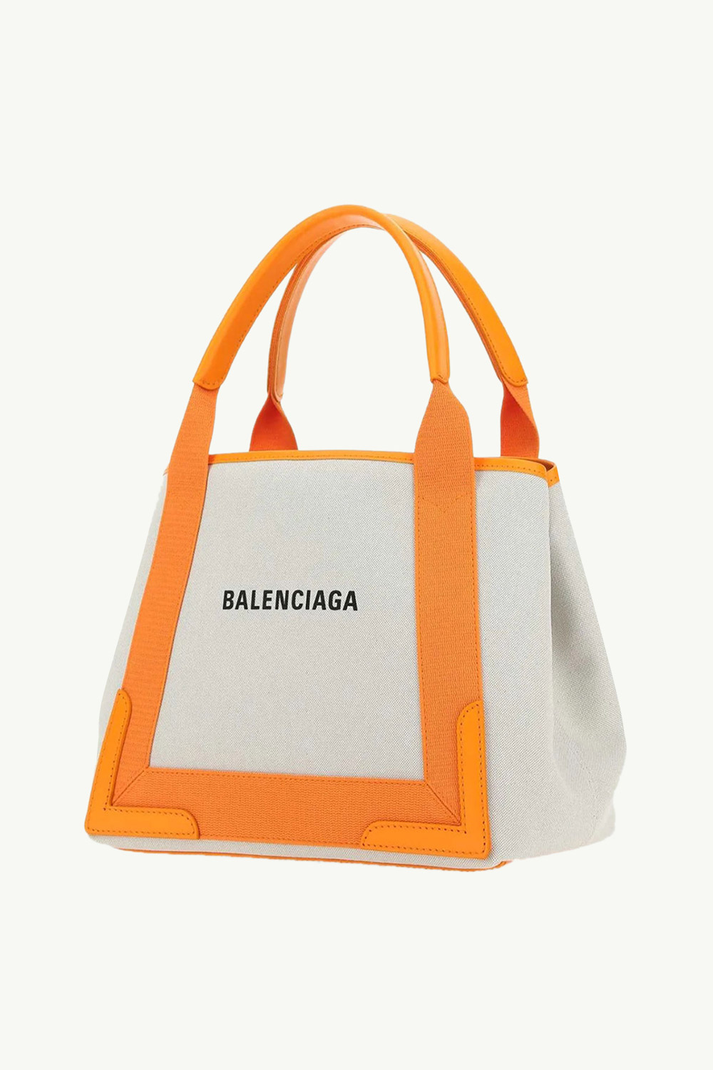 BALENCIAGA Small Navy Cabas Handbag in Natural/Orange Canvas x Calfskin with Logo Printed 3