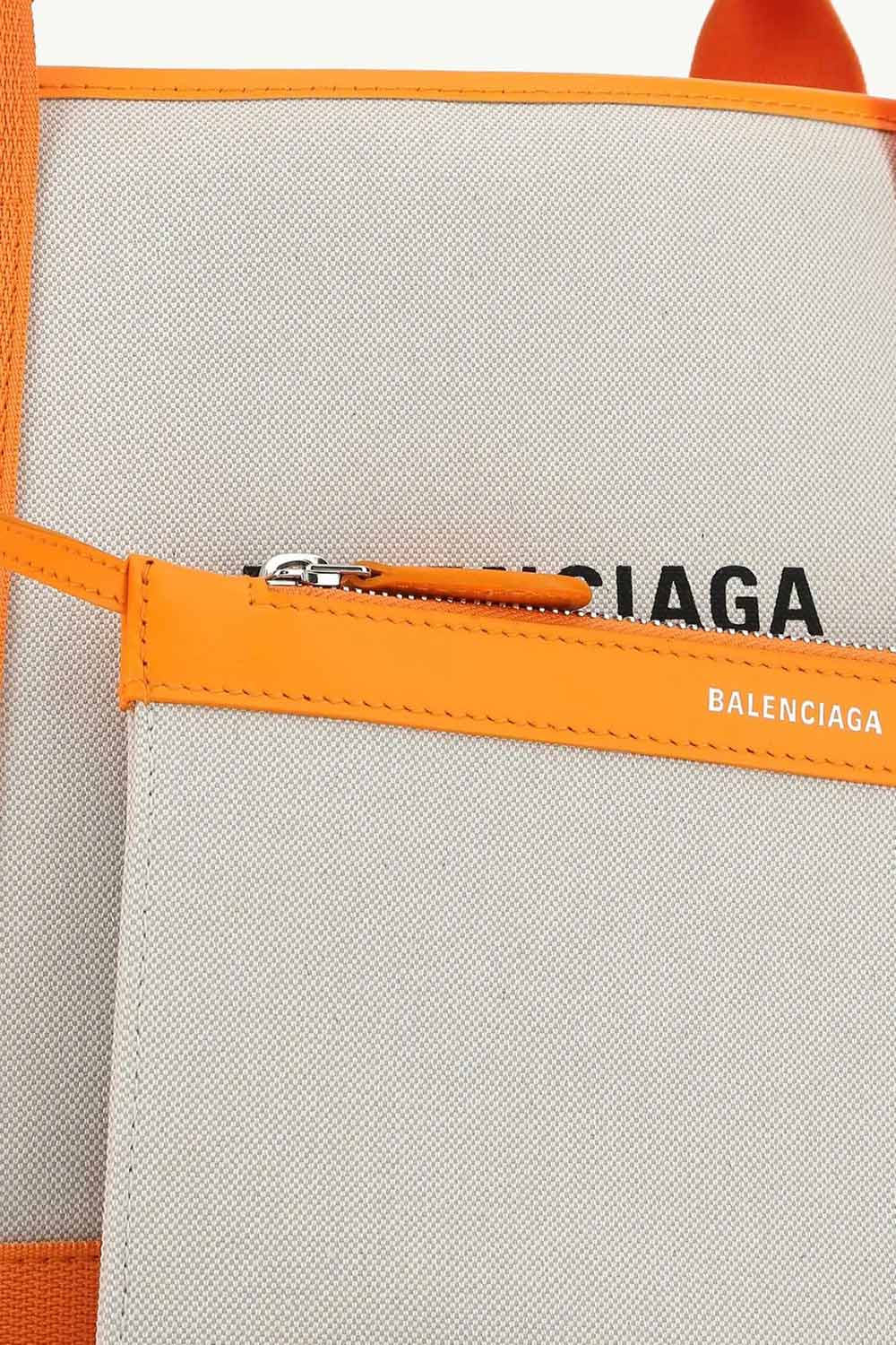 BALENCIAGA Small Navy Cabas Handbag in Natural/Orange Canvas x Calfskin with Logo Printed 4