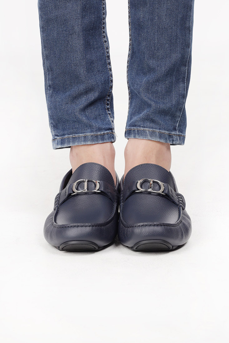 DIOR HOMME CD Icon Buckle Loafers in Navy Blue Grained 4