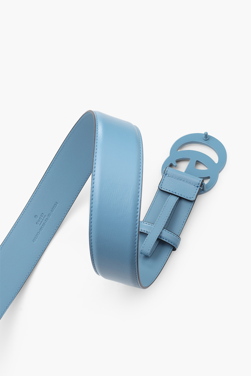 GUCCI GG Marmont Wide Belt 4cm in Pale Blue Leather with Double G Buckle 3