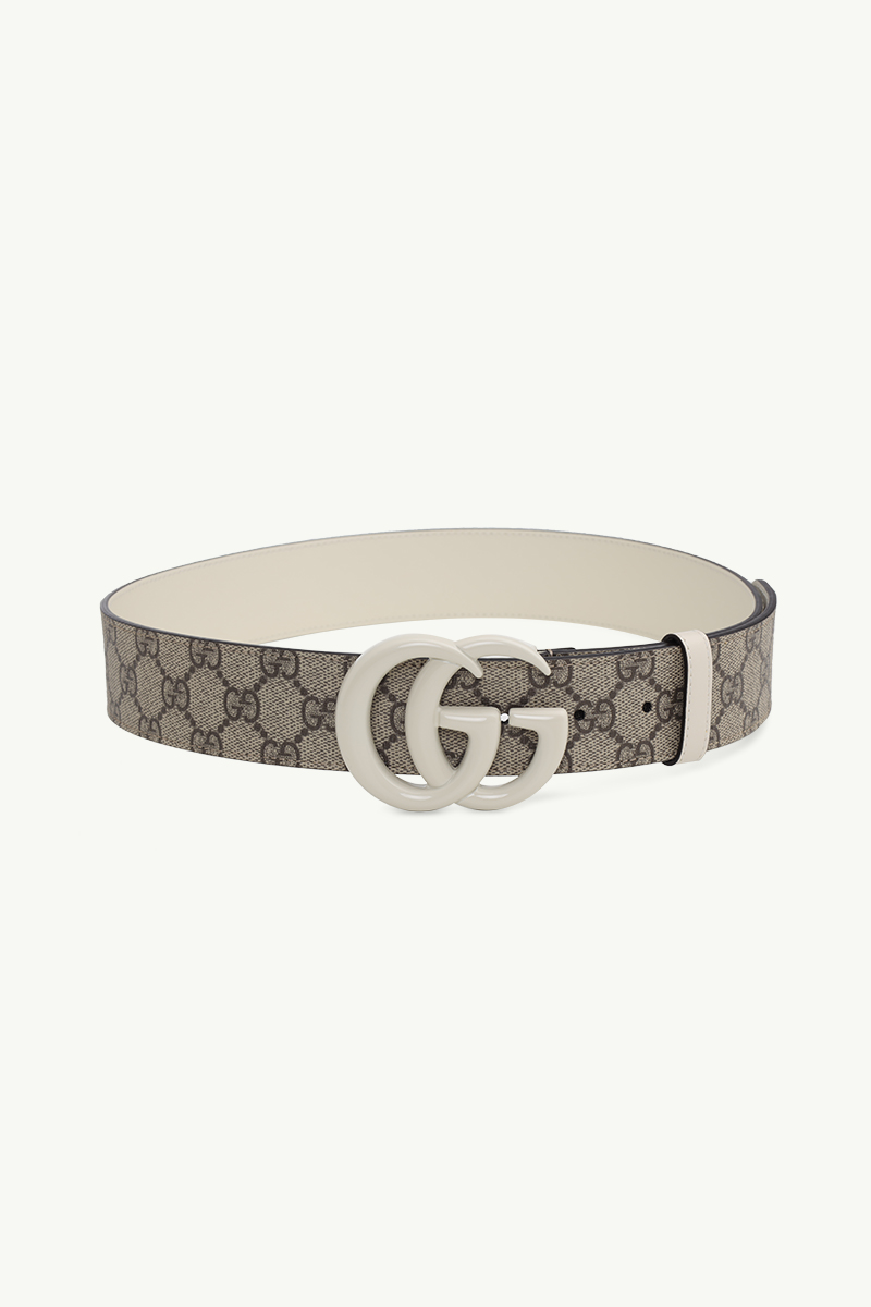 GUCCI GG Supreme Wide Belt 4cm in Beige/Ebony Canvas with Double G Buckle White Brass Hardware 0