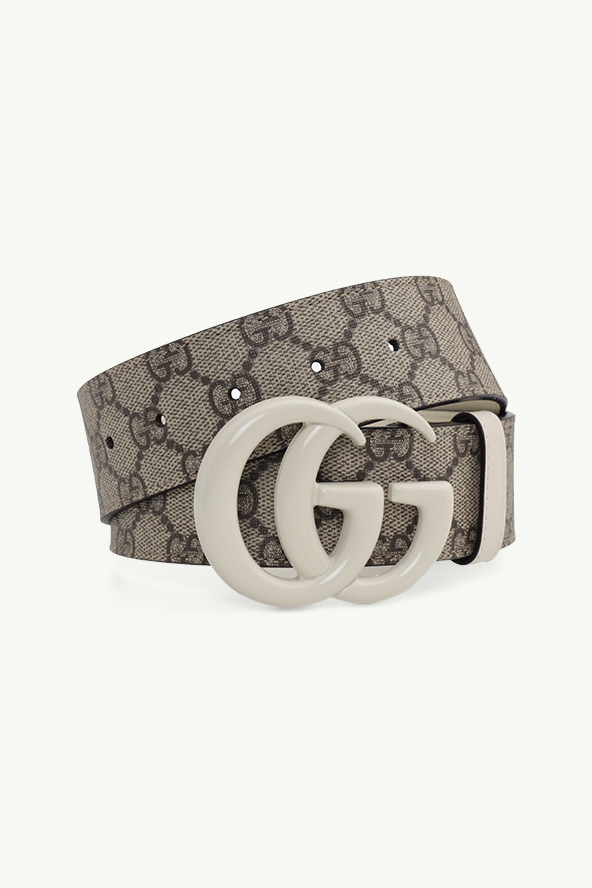 GUCCI GG Supreme Wide Belt 4cm in Beige/Ebony Canvas with Double G Buckle White Brass Hardware 1