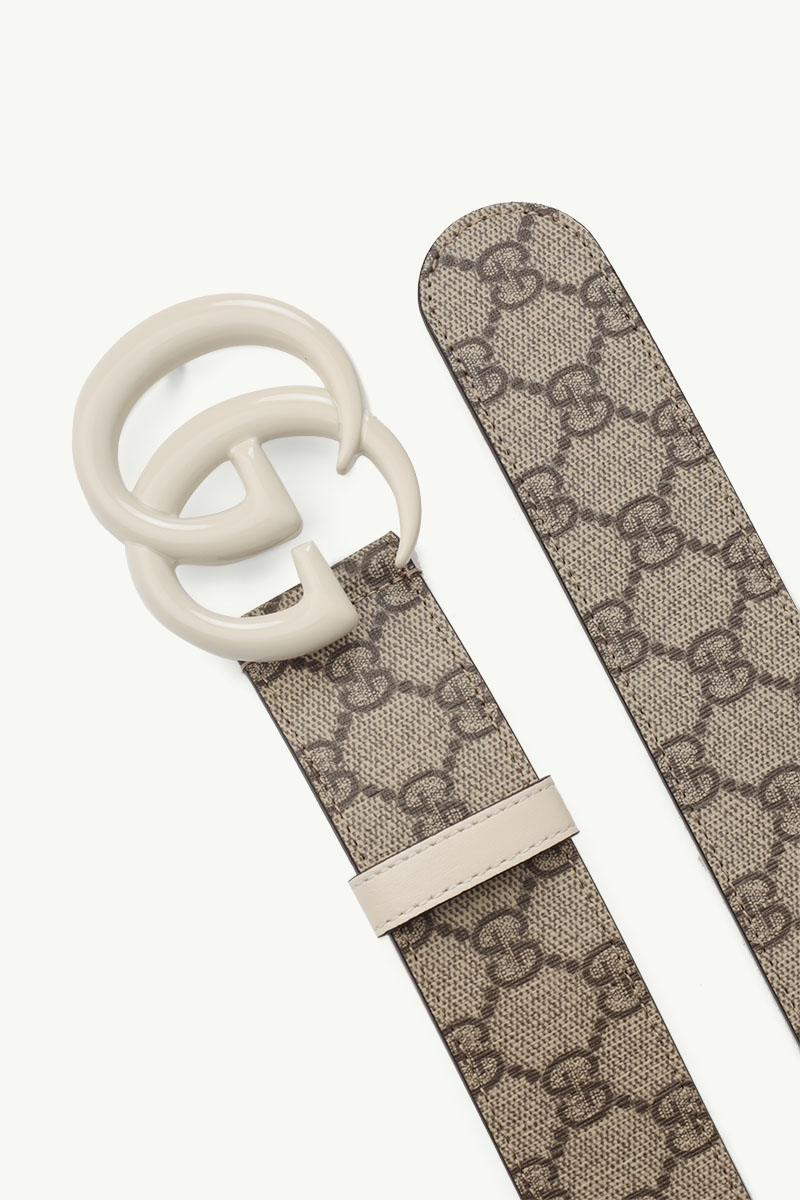 GUCCI GG Supreme Wide Belt 4cm in Beige/Ebony Canvas with Double G Buckle White Brass Hardware 2