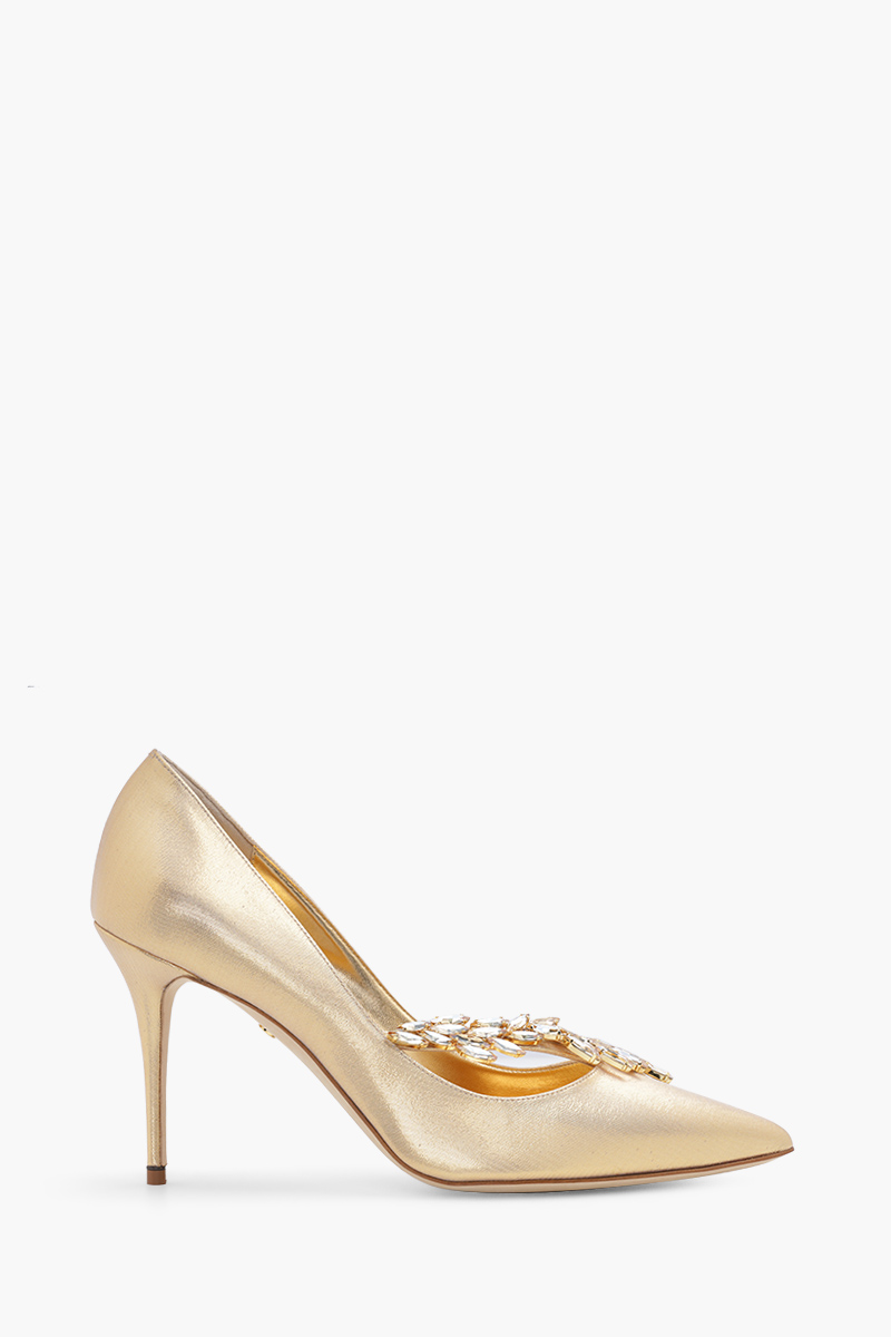 MANOLO BLAHNIK Nadira 50th Anniversary 9cm Pumps in Gold Metallic with Gold Crystal 0