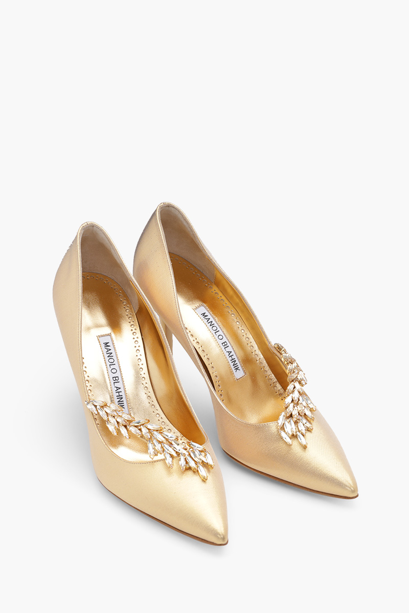 MANOLO BLAHNIK Nadira 50th Anniversary 9cm Pumps in Gold Metallic with Gold Crystal 1