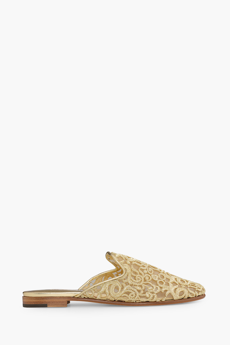 MANOLO BLAHNIK Mariamu 50th Anniversary Flat Mules in Gold Lace Macrame 0