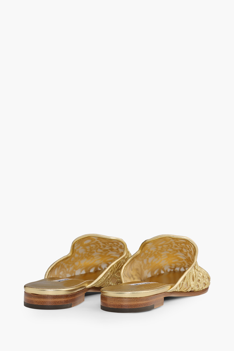 MANOLO BLAHNIK Mariamu 50th Anniversary Flat Mules in Gold Lace Macrame 2