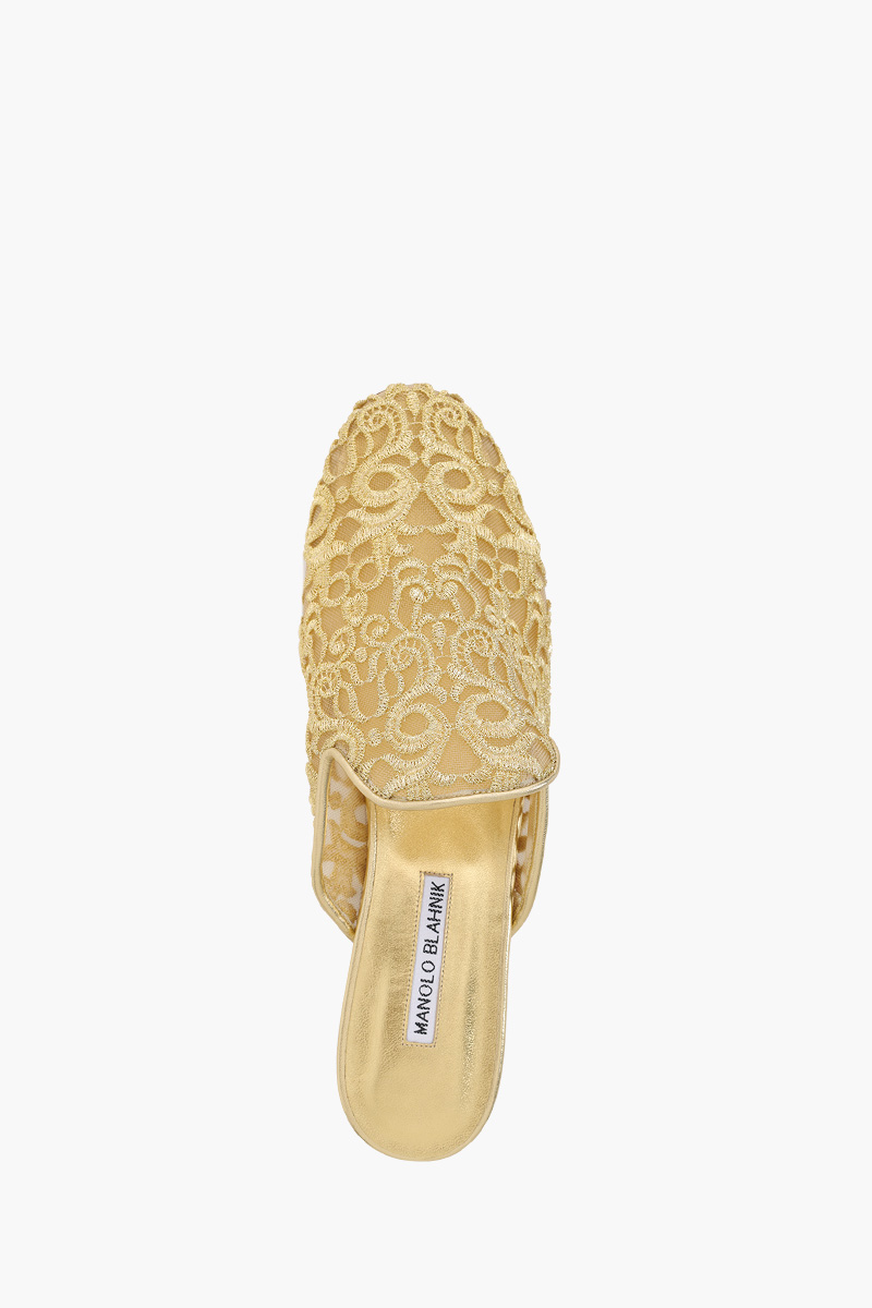 MANOLO BLAHNIK Mariamu 50th Anniversary Flat Mules in Gold Lace Macrame 3