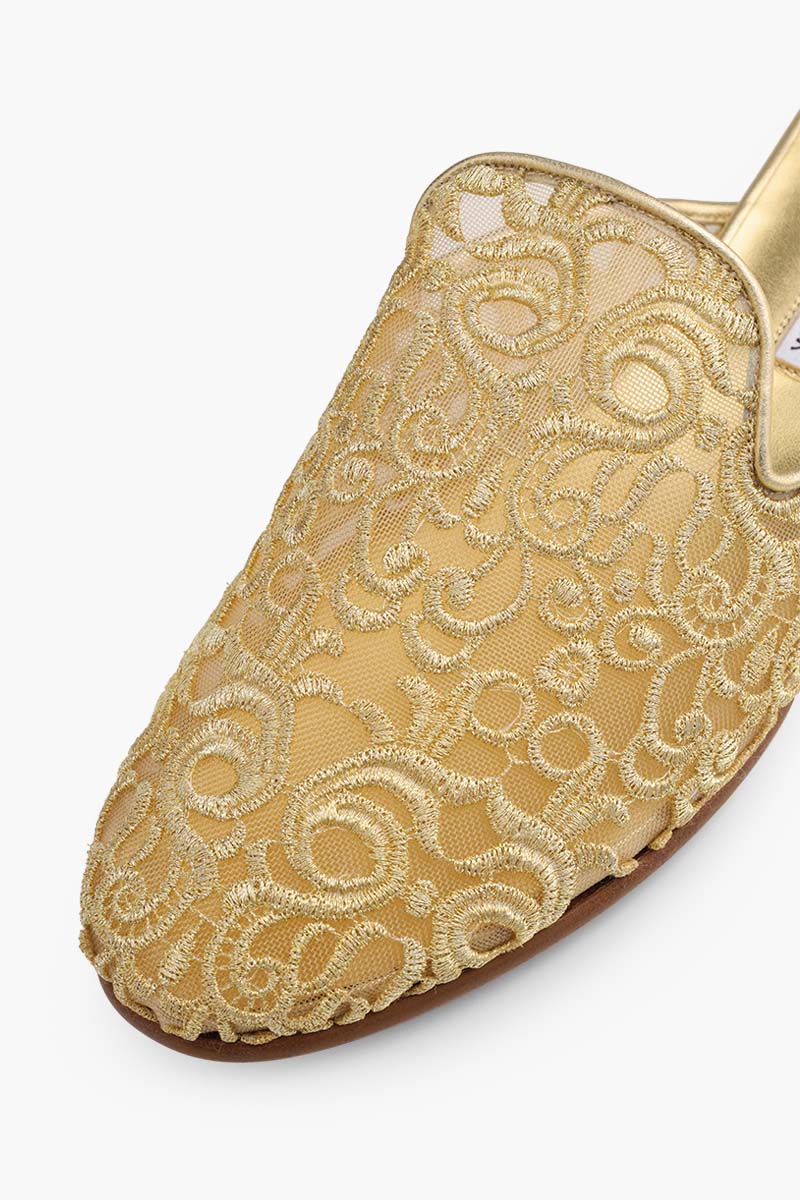 MANOLO BLAHNIK Mariamu 50th Anniversary Flat Mules in Gold Lace Macrame 4