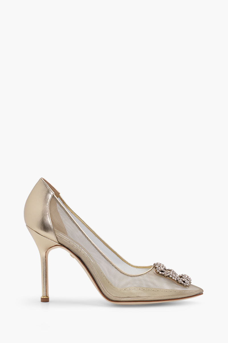 MANOLO BLAHNIK Hangisi 50th Anniversary 10.5cm Pumps in Gold Mesh with Gold Crystal 0