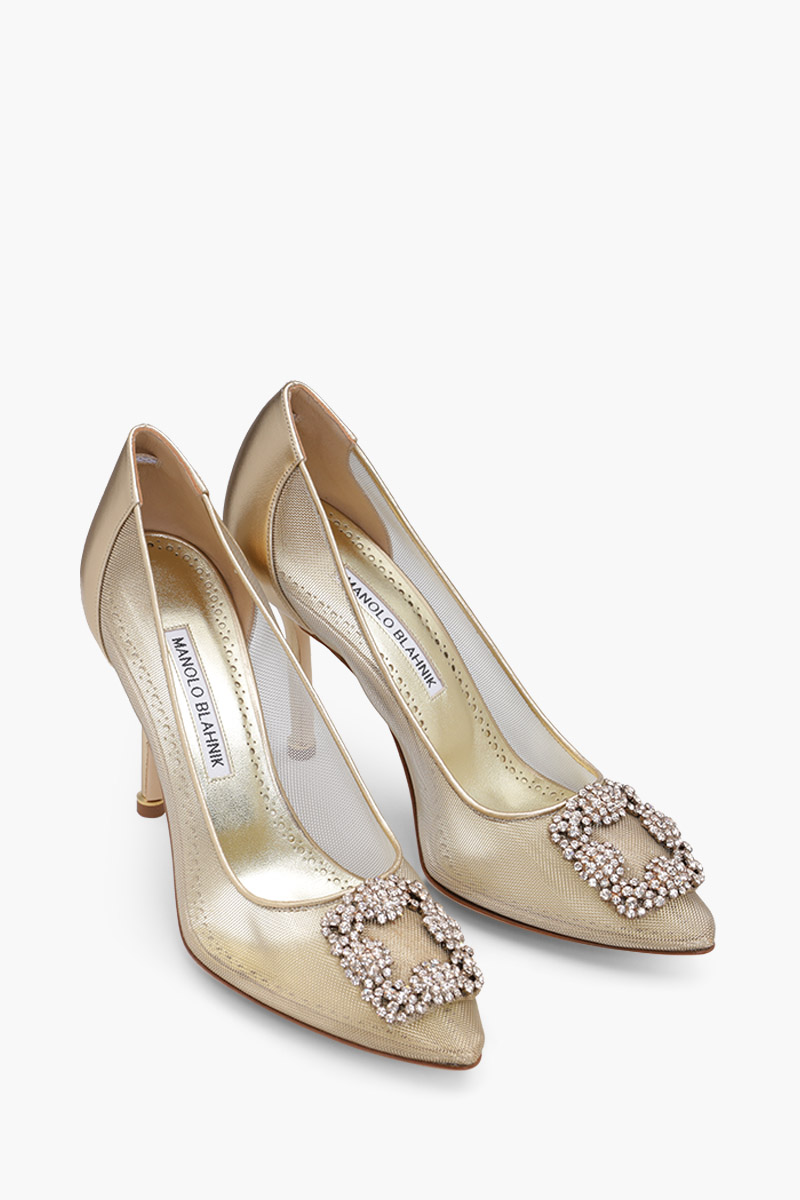 MANOLO BLAHNIK Hangisi 50th Anniversary 10.5cm Pumps in Gold Mesh with Gold Crystal 1