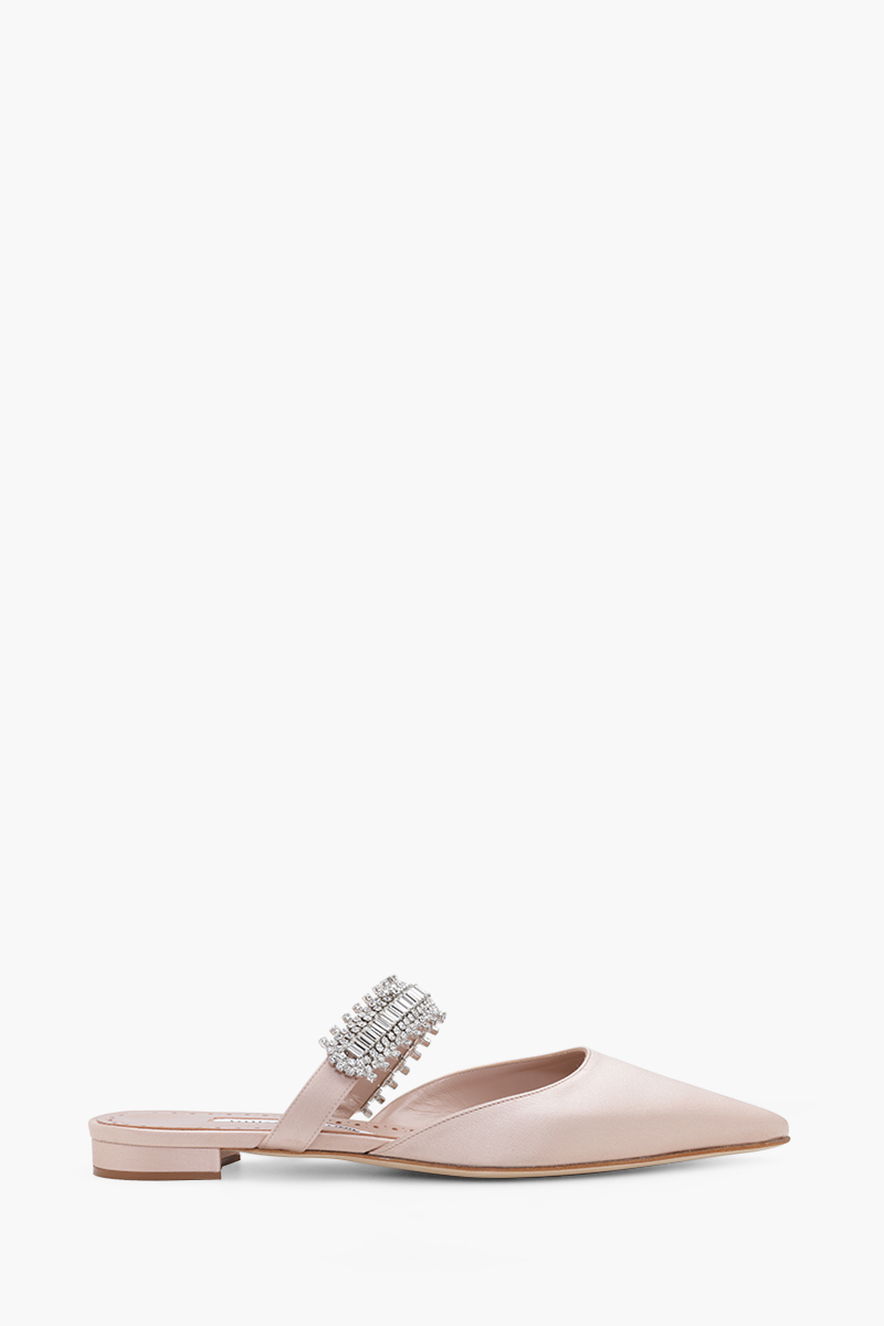 MANOLO BLAHNIK Lutara Flat Mules in Dark Nude Satin with White Crystal 0