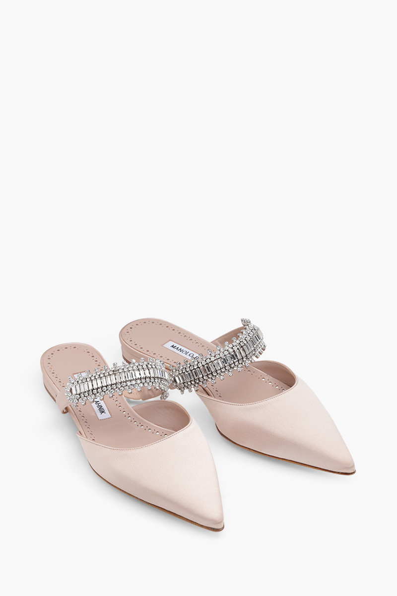 MANOLO BLAHNIK Lutara Flat Mules in Dark Nude Satin with White Crystal 1