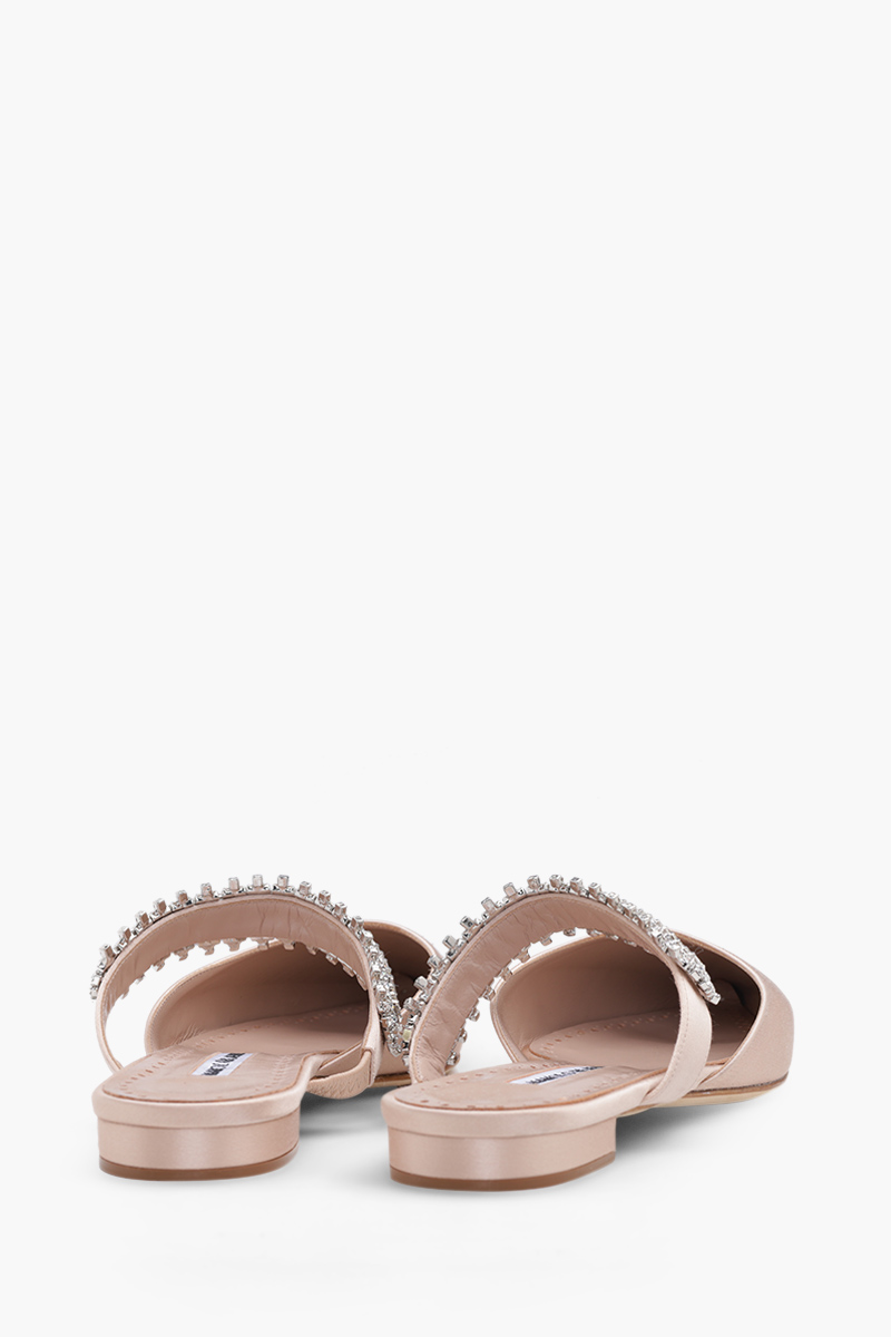 MANOLO BLAHNIK Lutara Flat Mules in Dark Nude Satin with White Crystal 2