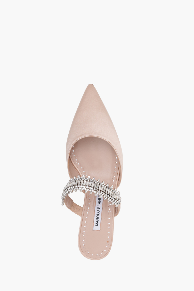 MANOLO BLAHNIK Lutara Flat Mules in Dark Nude Satin with White Crystal 3