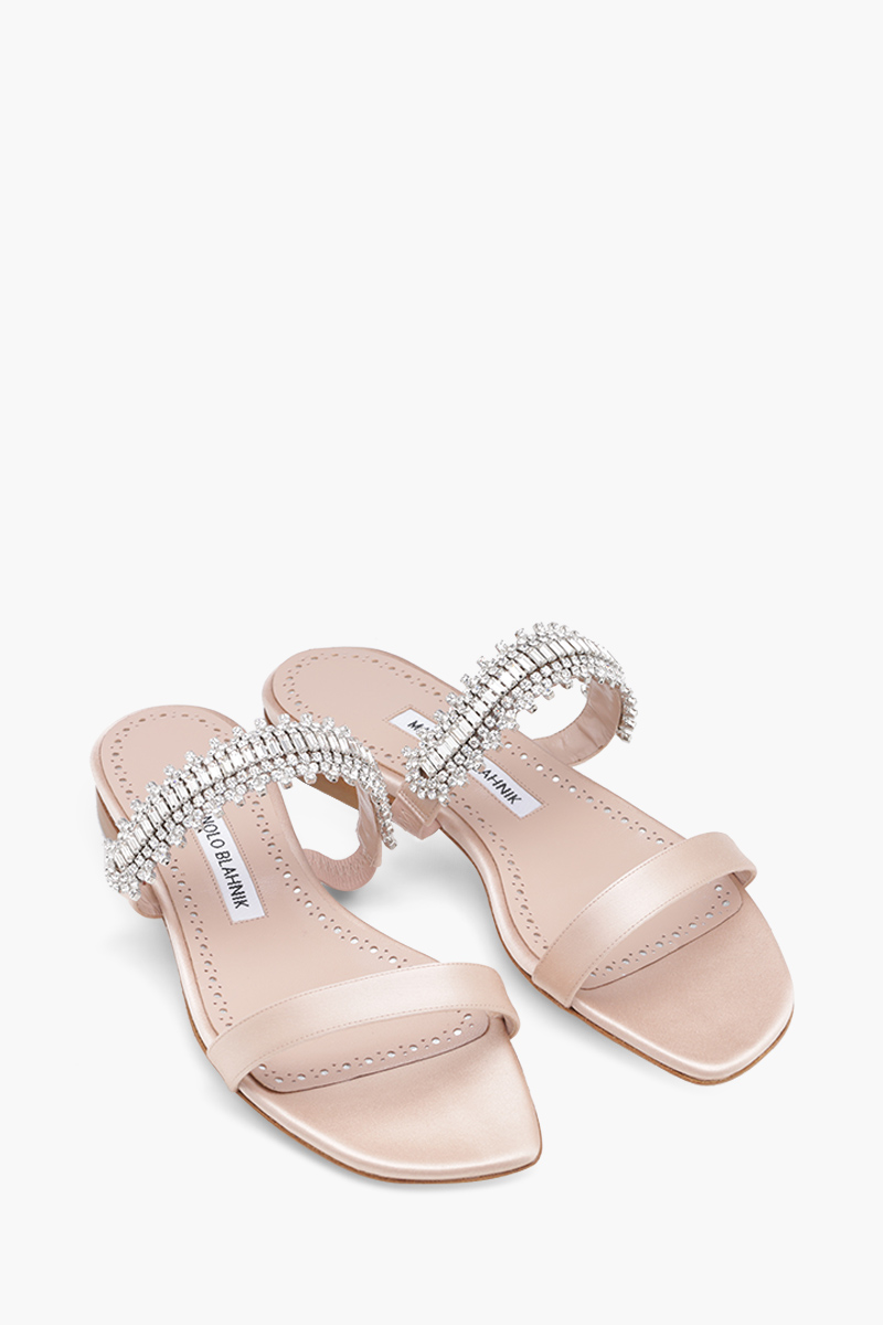 MANOLO BLAHNIK Sakina Flat Sandals in Dark Nude Satin with White Crystal 1