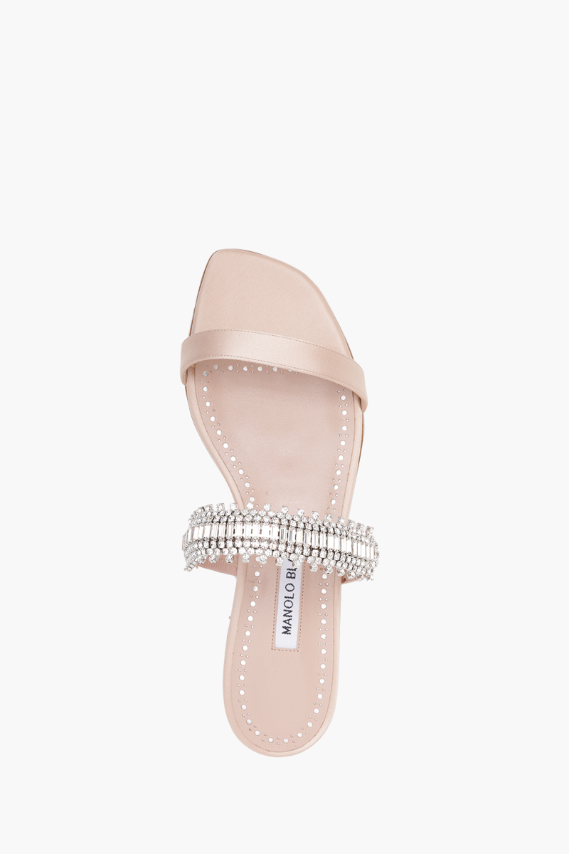 MANOLO BLAHNIK Sakina Flat Sandals in Dark Nude Satin with White Crystal 3