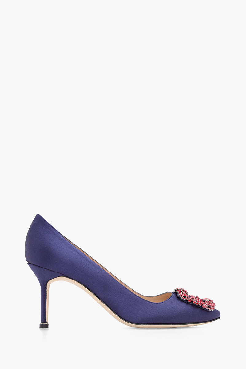 MANOLO BLAHNIK Hangisi 7cm Pumps in Navy Satin with Red Crystal 0