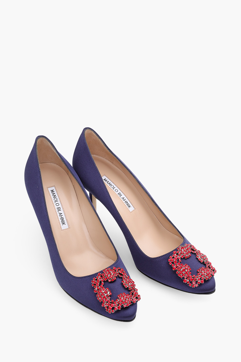 MANOLO BLAHNIK Hangisi 7cm Pumps in Navy Satin with Red Crystal 1