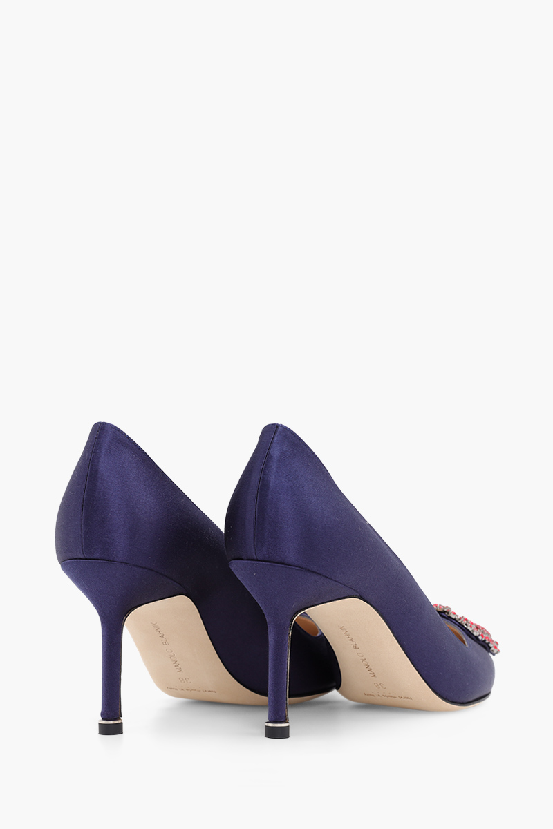 MANOLO BLAHNIK Hangisi 7cm Pumps in Navy Satin with Red Crystal 2