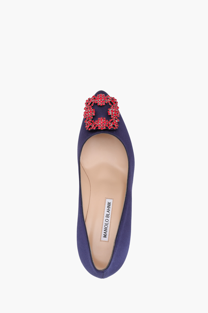 MANOLO BLAHNIK Hangisi 7cm Pumps in Navy Satin with Red Crystal 3