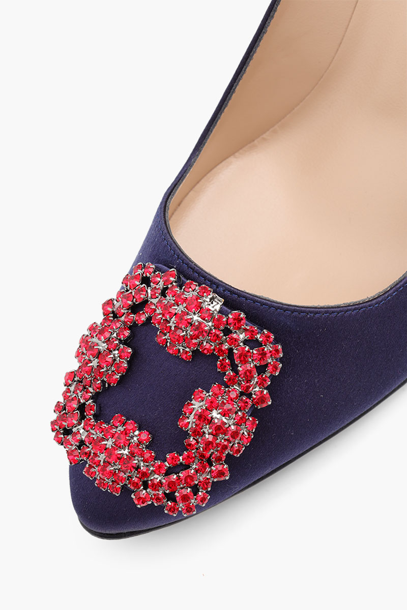 MANOLO BLAHNIK Hangisi 7cm Pumps in Navy Satin with Red Crystal 4