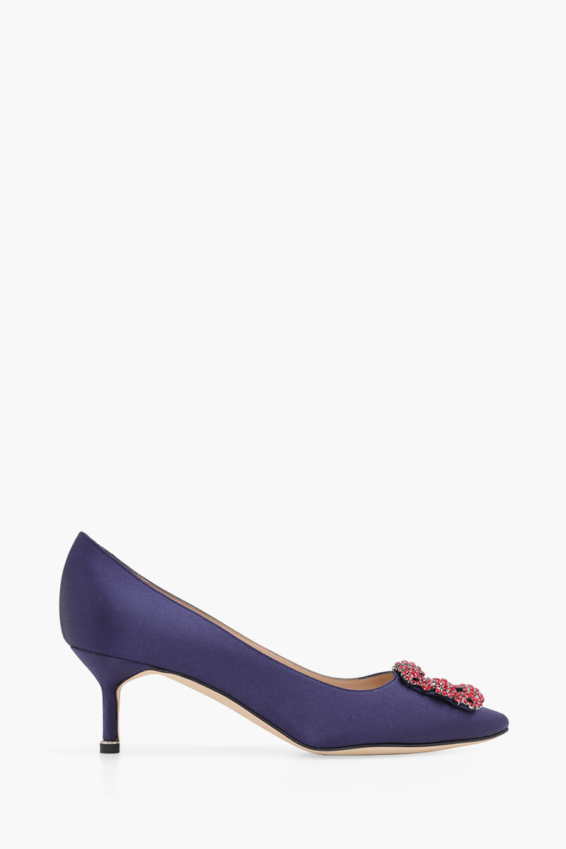 MANOLO BLAHNIK Hangisi 5cm Pumps in Navy Satin with Red Crystal 0