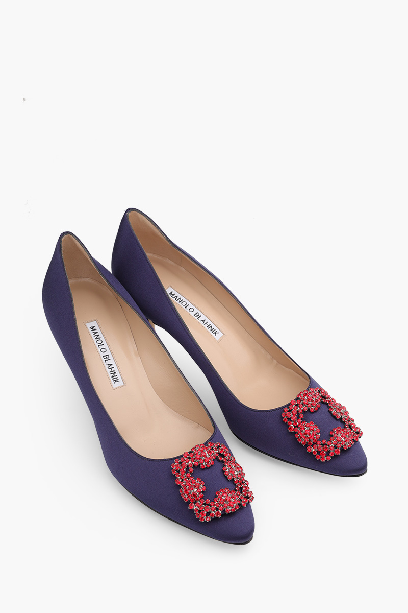 MANOLO BLAHNIK Hangisi 5cm Pumps in Navy Satin with Red Crystal 1