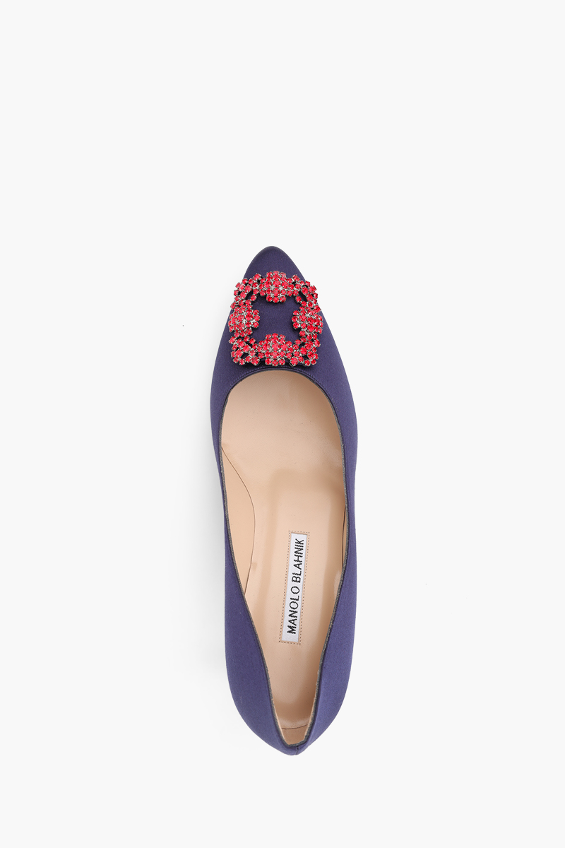 MANOLO BLAHNIK Hangisi 5cm Pumps in Navy Satin with Red Crystal 3