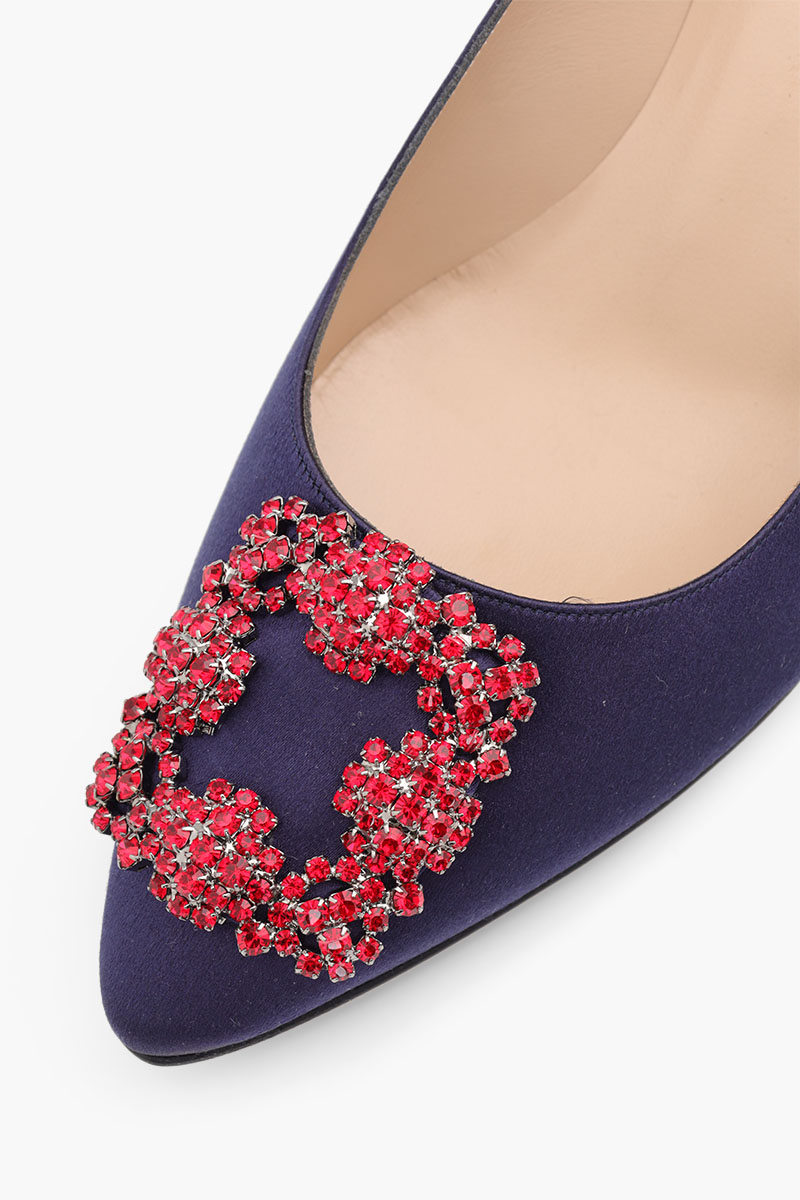 MANOLO BLAHNIK Hangisi 5cm Pumps in Navy Satin with Red Crystal 4