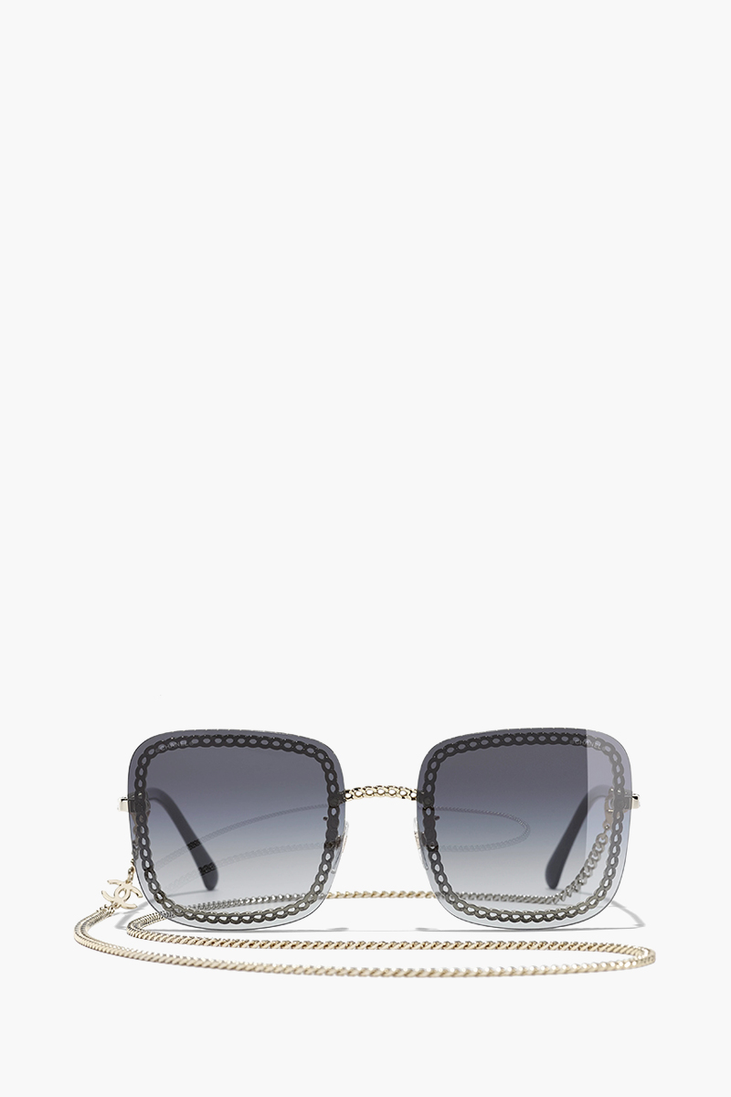 CHANELChain Square Sunglasses in Gold/Grey/Gradient Metal with Eyeglasses Chain 0