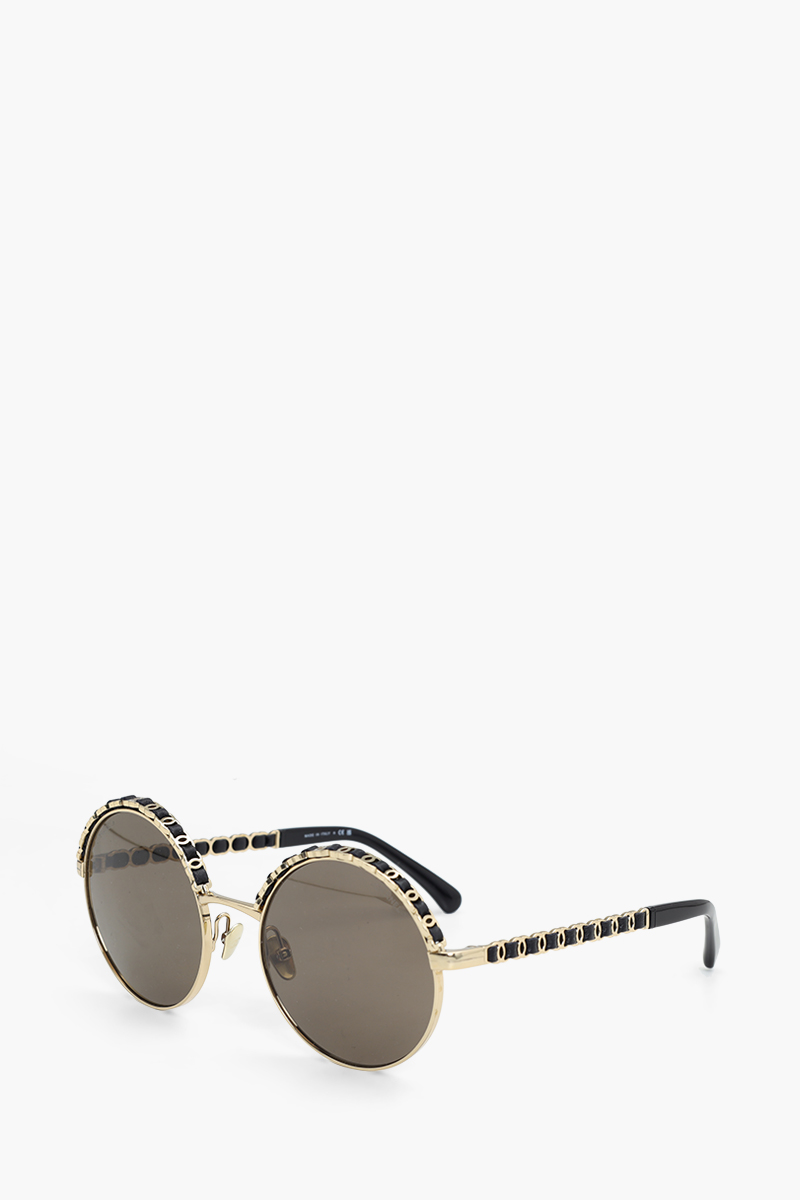 CHANEL Round Sunglasses in Gold/Black/Brown Metal & Calfskin 0