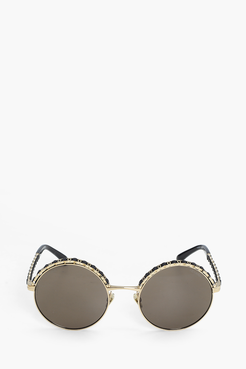 CHANEL Round Sunglasses in Gold/Black/Brown Metal & Calfskin 1