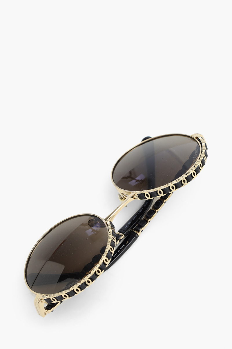 CHANEL Round Sunglasses in Gold/Black/Brown Metal & Calfskin 4