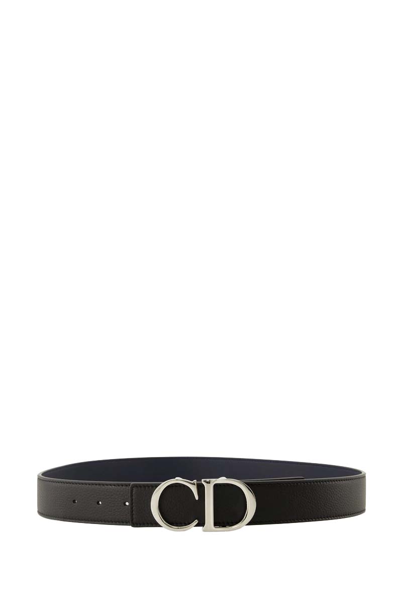 CHRISTIAN DIOR Men Double Side Belt in Black/Dark Blue Grained Calfskin with CD Buckle SHW 0