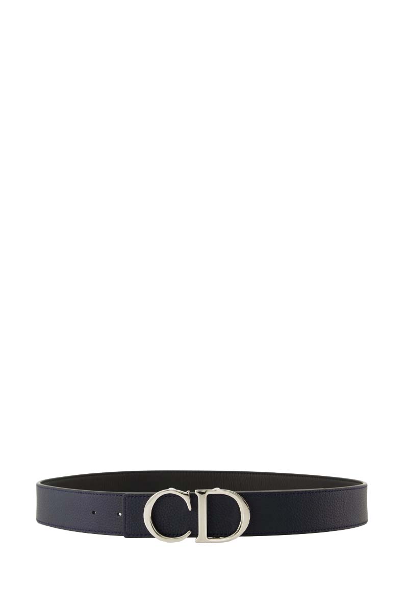 CHRISTIAN DIOR Men Double Side Belt in Black/Dark Blue Grained Calfskin with CD Buckle SHW 1