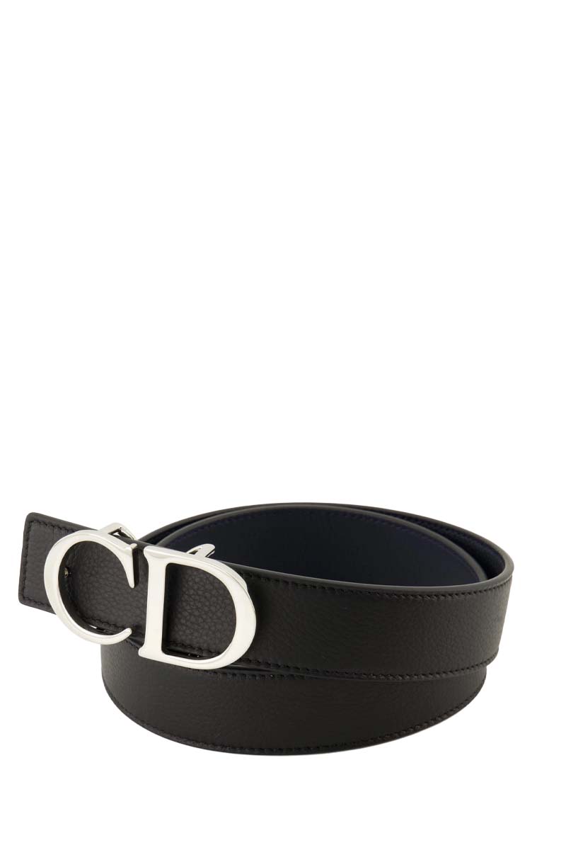 CHRISTIAN DIOR Men Double Side Belt in Black/Dark Blue Grained Calfskin with CD Buckle SHW 2