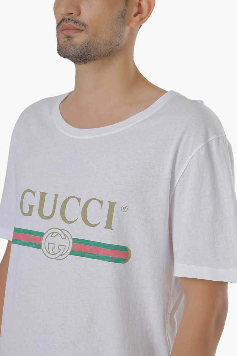 GUCCI Men Oversized Logo Print T-shirt in White 3