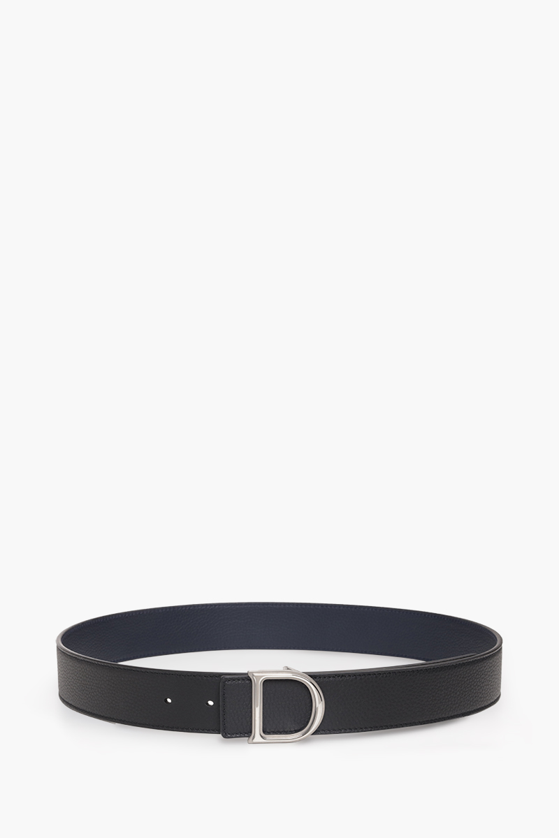 CHRISTIAN DIOR D Buckle Belt 35mm in Black/Navy Blue Grained Leather SHW 0